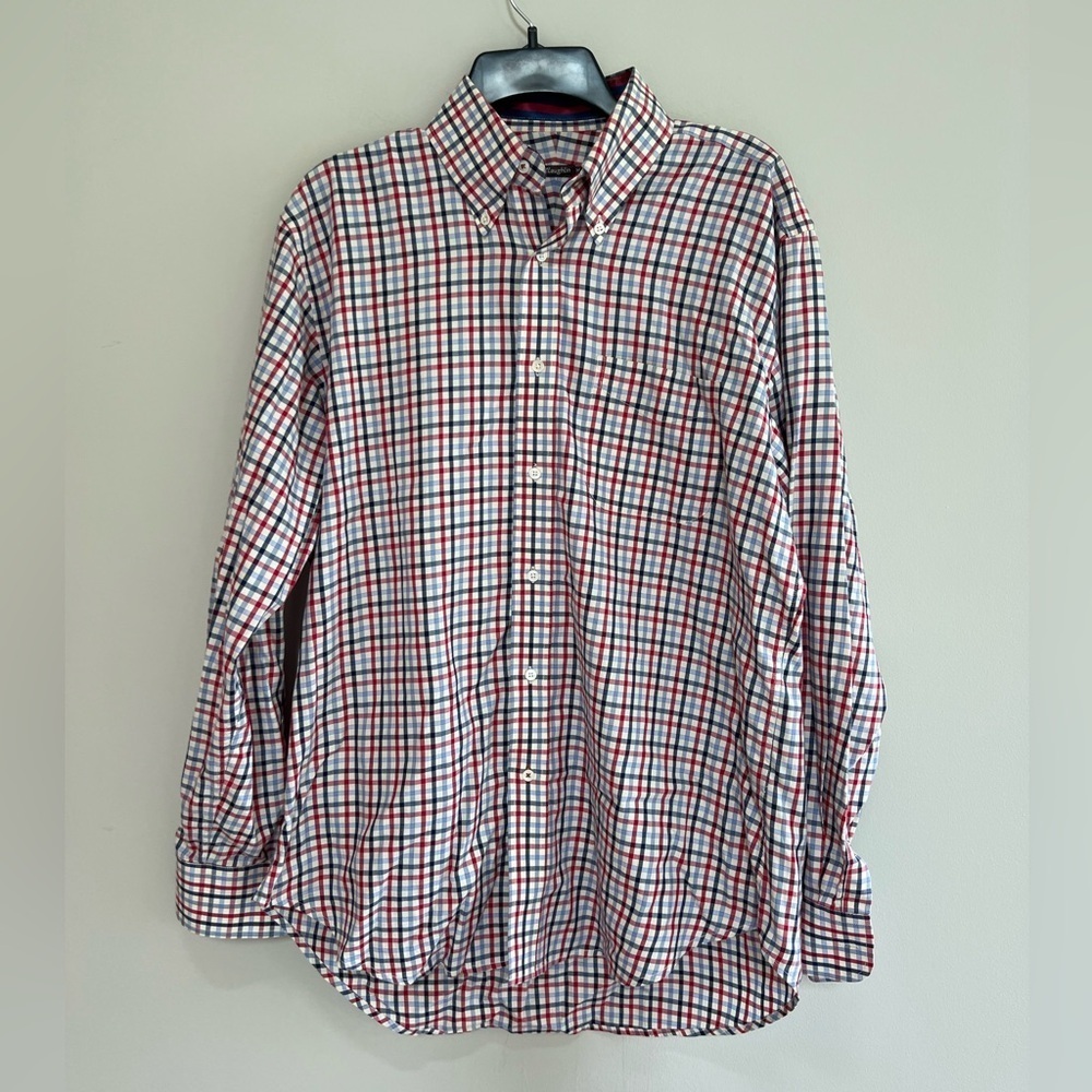 J. McLaughlin Men’s Red and Blue Plaid Button Down Dress Shirt, size M